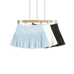 Balletcore Low Waist Lace-Trim Plain Mini A-Line Skirt