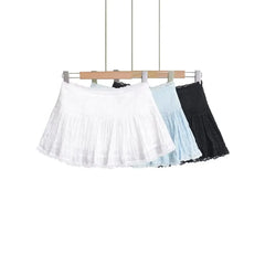 Balletcore Low Waist Lace-Trim Plain Mini A-Line Skirt