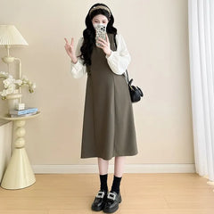 Maternity Mock Two-Piece Long-Sleeve Two Tone Midi A-Line Dress