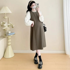 Maternity Mock Two-Piece Long-Sleeve Two Tone Midi A-Line Dress
