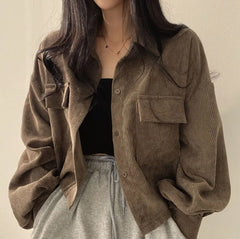 Plain Corduroy Loose-Fit Crop Shirt
