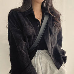 Plain Corduroy Loose-Fit Crop Shirt