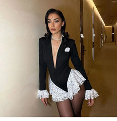 Long-Sleeve Deep V-Neck Two Tone Lace Panel Romper