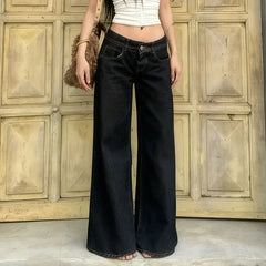 Low Rise Contrast Stitched Wide Leg Jeans