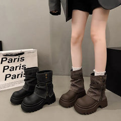 Faux Leather Paneled Platform Chunky Heel Short Boots