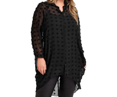Long-Sleeve V-Neck Dotted Mesh High Low Tunic Blouse