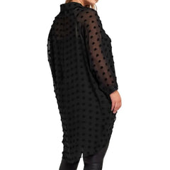 Long-Sleeve V-Neck Dotted Mesh High Low Tunic Blouse