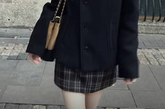 Stand Collar Plain Single-Breasted Jacket / Mid Rise Plaid Mini Pencil Skirt / Set