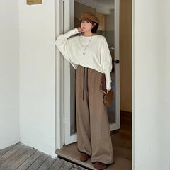 [XL-4XL] Drawstring Waist Contrast Trim Wide Leg Pants