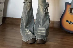 Mid Waist Washed Skirt Overlay Bell Bottom Jeans
