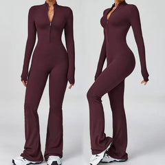 Long-Sleeve Half-Zip Plain Flared Yoga Jumpsuit
