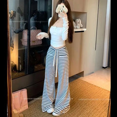Drawstring Waist Striped Flared Knit Pants