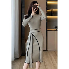 Long Sleeve Mock Neck Contrast Trim Tie-Waist Ribbed Knit Midi Sheath Dress