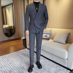 Lapel Collar Plain Double Breasted Blazer / Mid Rise Dress Pants / Set