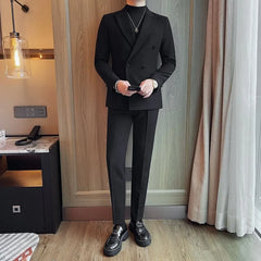 Lapel Collar Plain Double Breasted Blazer / Mid Rise Dress Pants / Set