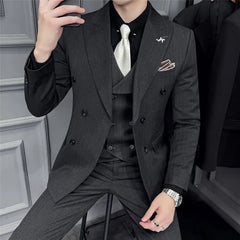 Set: Lapel Collar Pinstriped Double Breasted Blazer + V-Neck Vest + High Waist Dress Pants