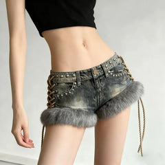 Low Rise Studded Denim Hot Pants