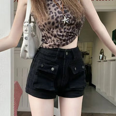 High Waist Pocket Detail Roll Up Hem Denim Hot Pants