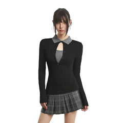 Long Sleeve Collared Two Tone Mock Two Piece Keyhole Top / Mid Waist Plaid Pleated Mini A-Line Skirt