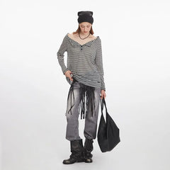 Long-Sleeve Off Shoulder Striped Top