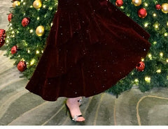 Spaghetti Strap Plain Glitter Tiered Velvet A-Line Evening Dress