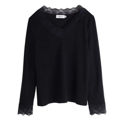 [XL-4XL] Long Sleeve V-Neck Panel Lace Top