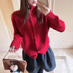 Turtleneck Button-Up Plain Cardigan
