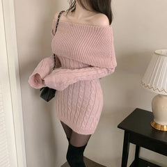 Long Sleeve Off Shoulder Plain Cable Knit Mini Bodycon Dress