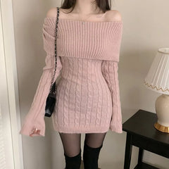 Long Sleeve Off Shoulder Plain Cable Knit Mini Bodycon Dress