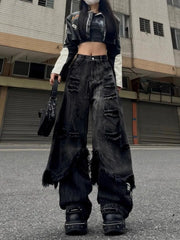 Mock Two-Piece Mid Rise Washed Fringed Distressed Wide Leg Jeans