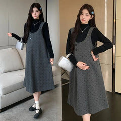 Maternity Long Sleeve Mock Neck Plain Top / Dotted Midi A-Line Overall Dress / Set