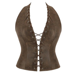 Halter Lace Up Faux Leather Bustier Top