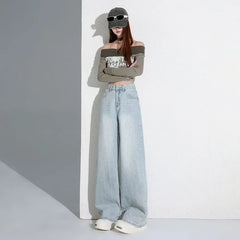 Mid Rise Rhinestone Washed Wide Leg Jeans (Various Designs)