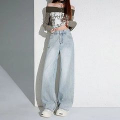 Mid Rise Rhinestone Washed Wide Leg Jeans (Various Designs)