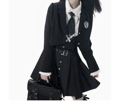 Notch Lapel Striped Button-Up Crop Blazer / Long-Sleeve Collared Plain Lace Trim Blouse / High Waist Pleated Mini A-Line Jumper Skirt / Badge / Necktie / Set