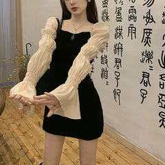 Flare-Sleeve Square Neck Two Tone Mini Bodycon Dress