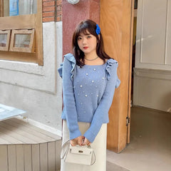 [XL-4XL] Long-Sleeve Square Neck Beaded Plain Knit Top