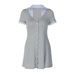 Short Sleeve Scoop Neck Striped Panel Button-Up Slim-Fit MIni Dress