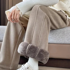 Drawstring Waist Plain Fleece-Lined Corduroy Straight Leg Pants