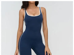 Sleeveless Scoop Neck Contrast Trim Open Back Sports Jumpsuit