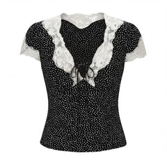 Short Sleeve V-Neck Lace-Trim Dotted Slim-Fit Top / High Waist Mini Skirt
