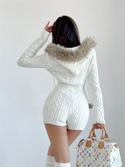 Long-Sleeve Fluffy Trim Hooded Half-Buttoned Cable Knit Romper