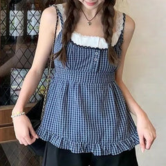 Plaid Ruffle Mock Two Piece Camisole Top