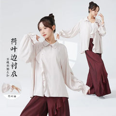 Long-Sleeve Plain Ruffle Asymmetrical Dance Top