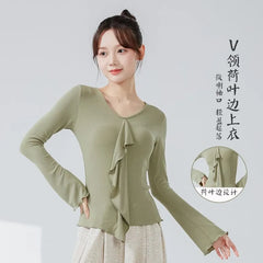 Long-Sleeve V-Neck Plain Ruffle Asymmetrical Dance Top