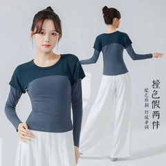 Long-Sleeve Round Neck Two Tone Dance Top