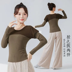 Long-Sleeve Round Neck Two Tone Dance Top