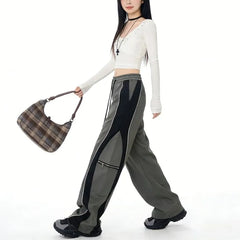 Drawstring Waist Two Tone Wide Leg Pants