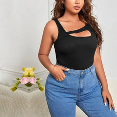 [XL -3XL] Plain Asymmetrical Cutout Ribbed Slim Fit Tank Top