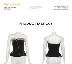 Studded Hook And Eye Panel Faux Fur Tube Top / Mid Rise Plain Mini Pencil Skirt / Belt